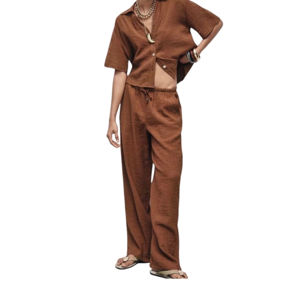 Zara Wide Leg Hi-Rise Pants Size L Gauzy Elastic Waist Pull-on with Pockets Long - Picture 1 of 14